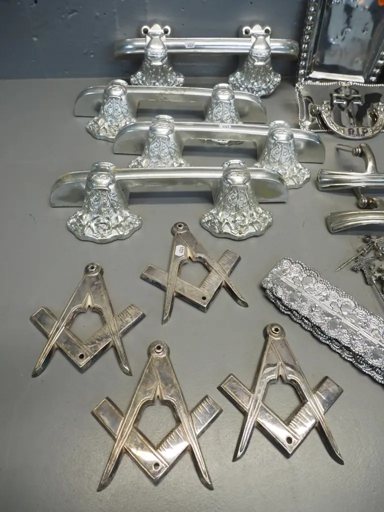 large assortment of funeral & coffin items - chrome metal & plastic handles, plates, crucifixes, Masonic emblems etc. in Image 1++