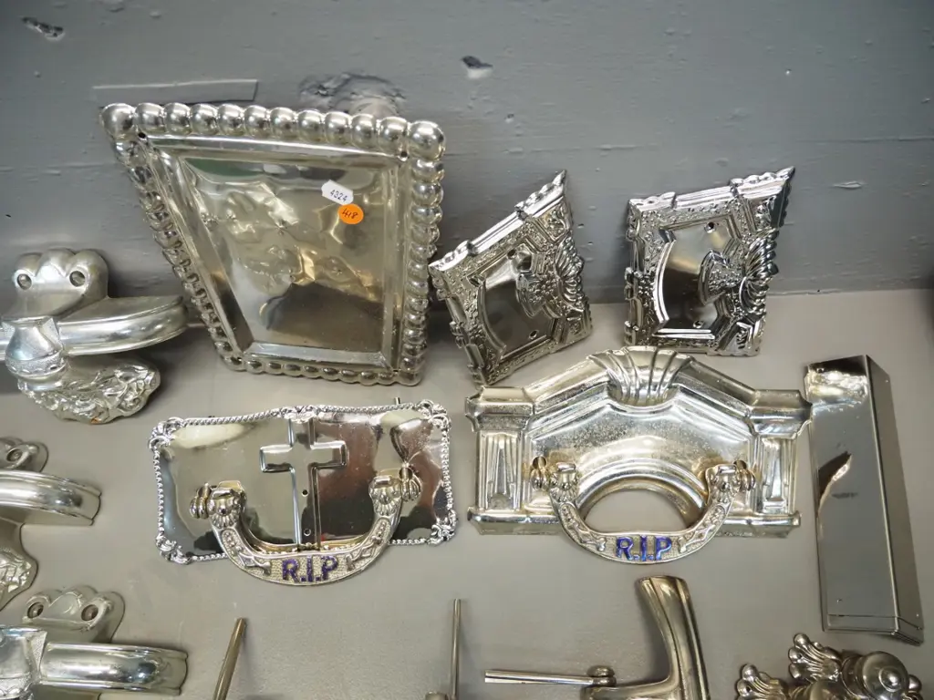 large assortment of funeral & coffin items - chrome metal & plastic handles, plates, crucifixes, Masonic emblems etc. in Image 1++