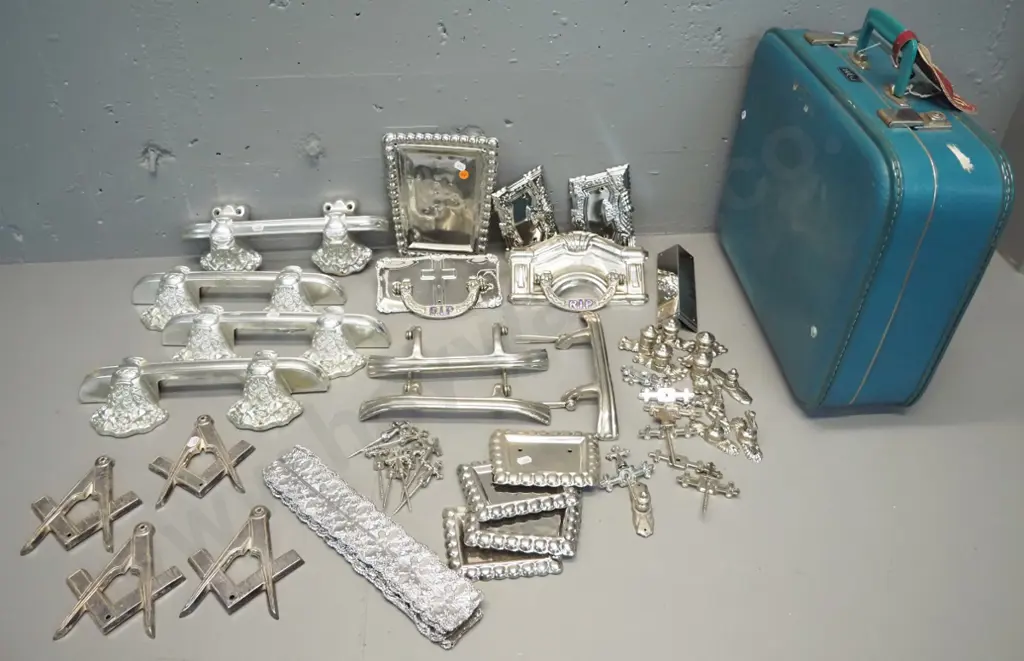 large assortment of funeral & coffin items - chrome metal & plastic handles, plates, crucifixes, Masonic emblems etc. in Image 1++