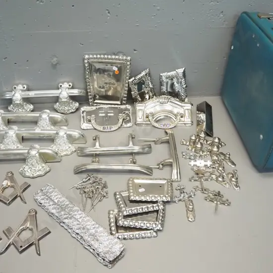 large assortment of funeral & coffin items - chrome metal & plastic handles, plates, crucifixes, Masonic emblems etc. in