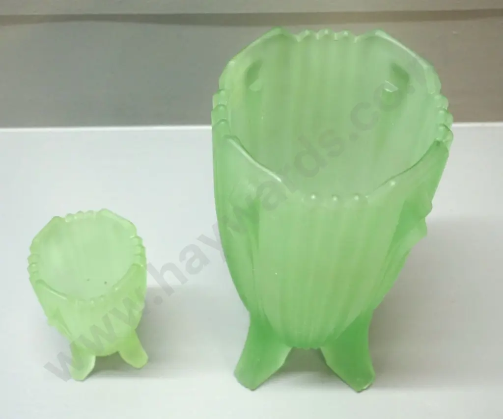 2 vintage deco style frosted green glass vases - taller is H-200 Image 1++