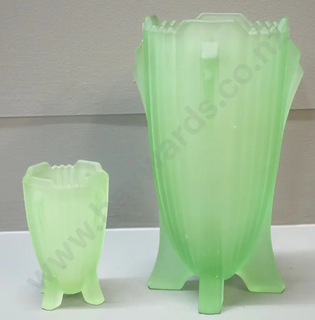 2 vintage deco style frosted green glass vases - taller is H-200 Image 1++