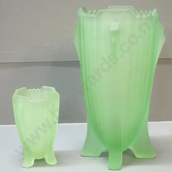 2 vintage deco style frosted green glass vases - taller is H-200