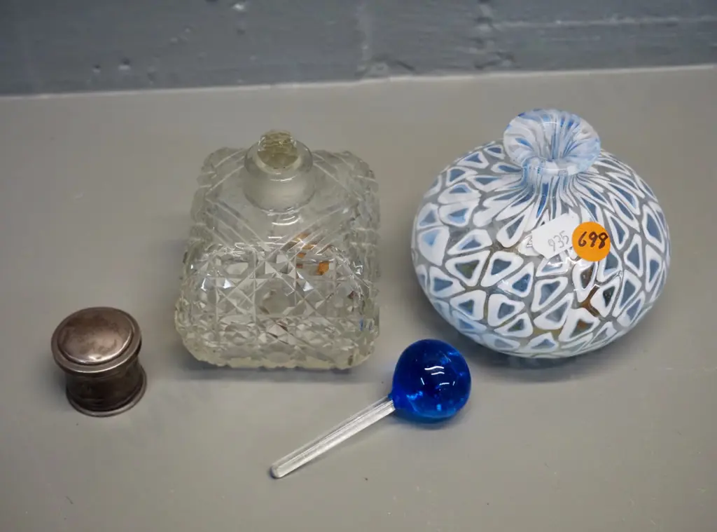 2 perfume bottles - hobnail glass with loose fitting sterling silver top H100 & art glass blue and white with stopper Image 1++