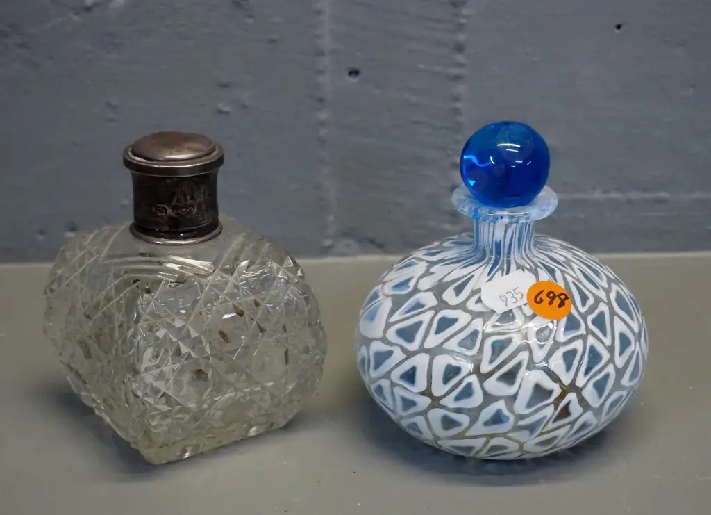2 perfume bottles - hobnail glass with loose fitting sterling silver top H100 & art glass blue and white with stopper Image 1++