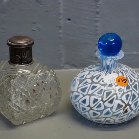 2 perfume bottles - hobnail glass with loose fitting sterling silver top H100 & art glass blue and white with stopper