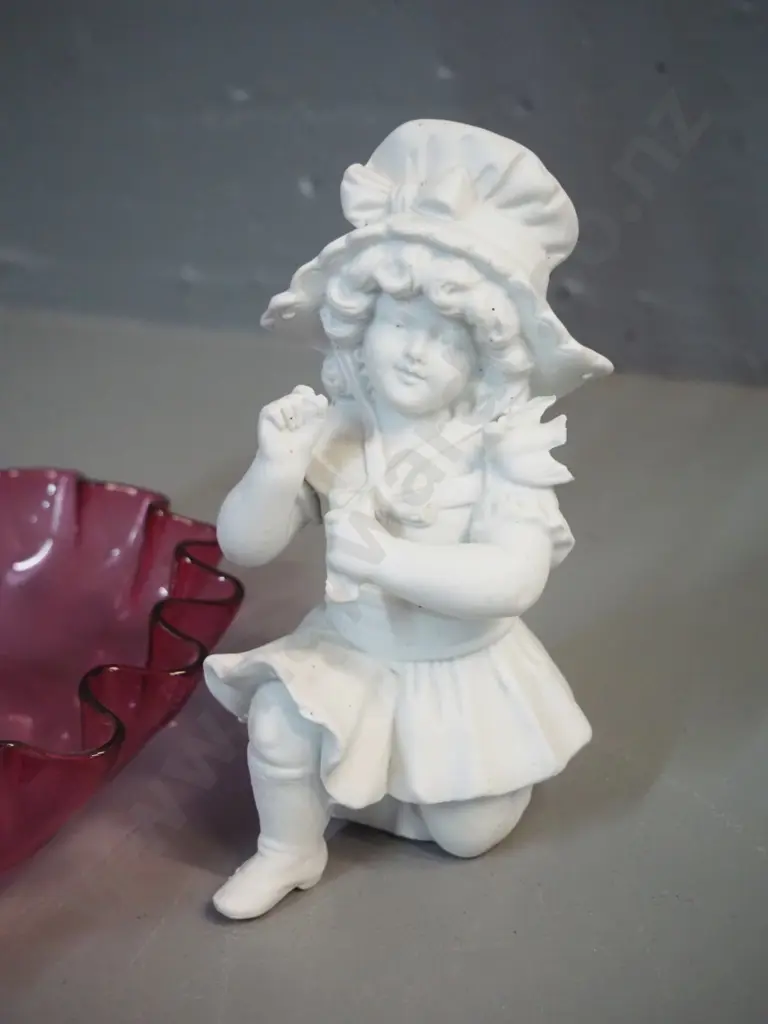 vintage ruby and clear glass epergne with 2 hanging baskets H-430 D-230 and a small matte white girl figurine Image 1++