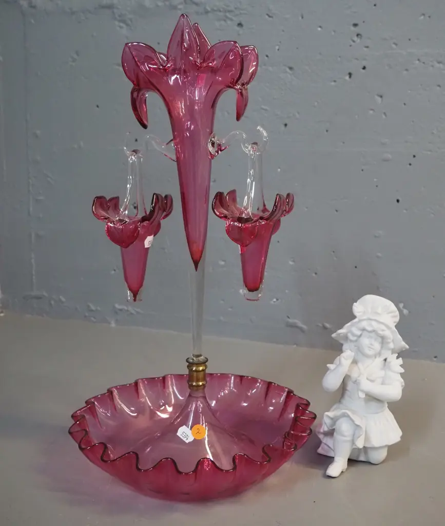 vintage ruby and clear glass epergne with 2 hanging baskets H-430 D-230 and a small matte white girl figurine Image 1++