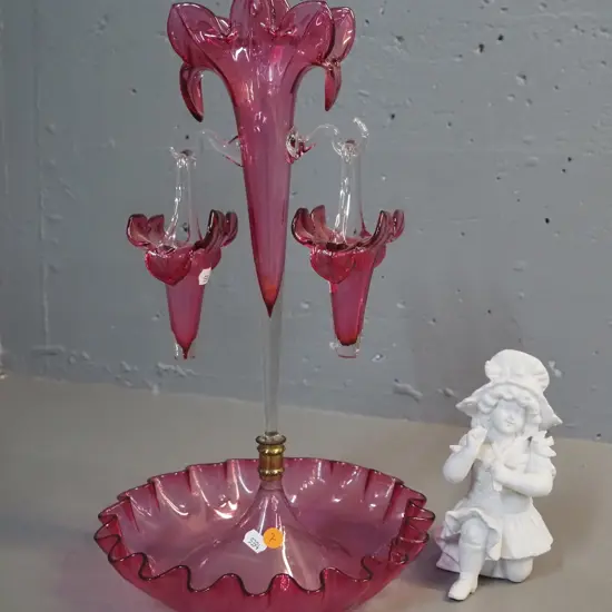 vintage ruby and clear glass epergne with 2 hanging baskets H-430 D-230 and a small matte white girl figurine