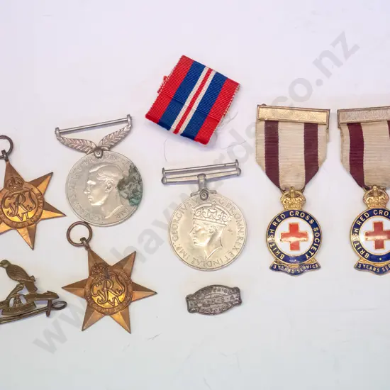 assorted medals: 2 1939-1945, 2 star medals 1939-1945, 2 Red Cross medals, 2 badges & spare ribbon