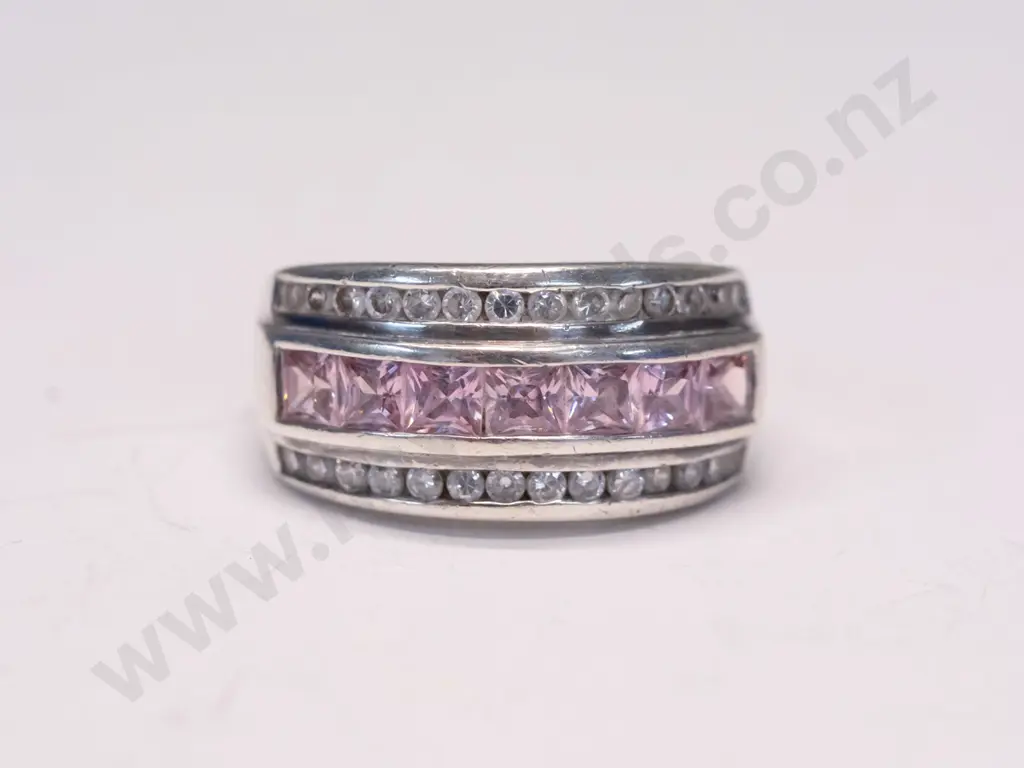 silver cz/pink stone dress ring stamped 925 Image 1++
