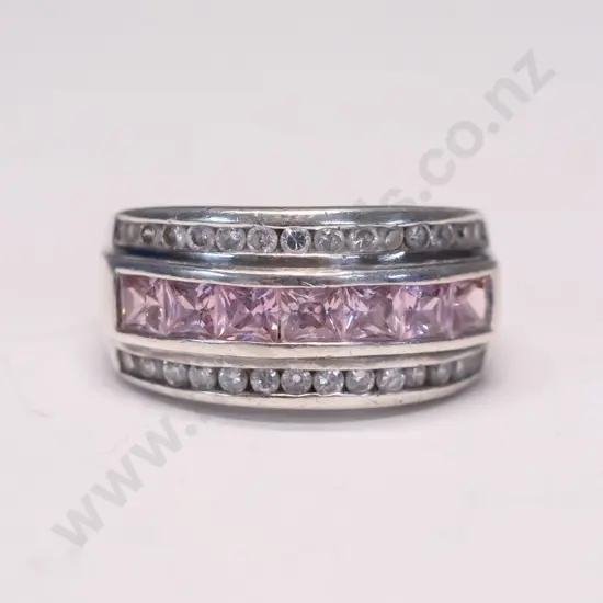 silver cz/pink stone dress ring stamped 925