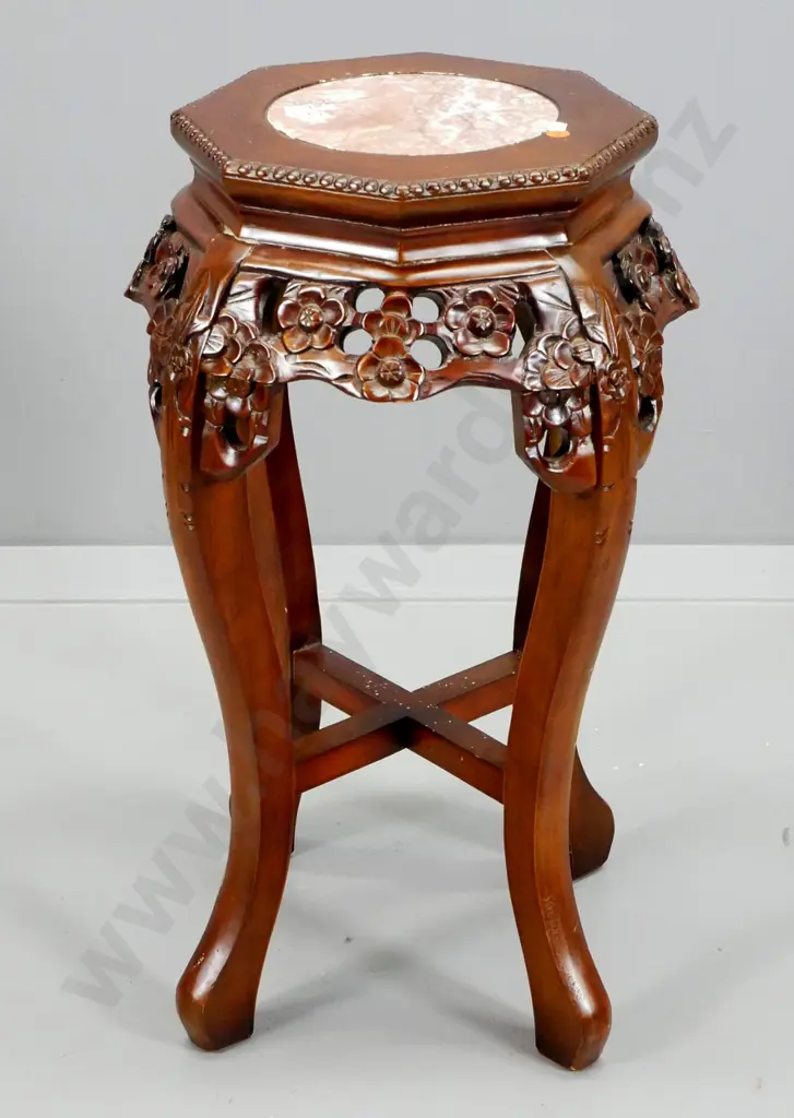 vintage heavily carved mahogany display or plant stand with marble inset top H-620 D-350 Image 1++