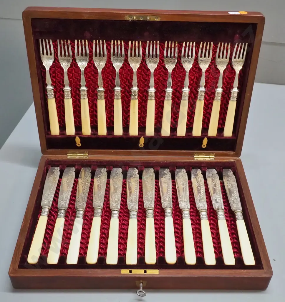 vintage wood-cased set bone-handled etched EPNS fish knives and forks Image 1++