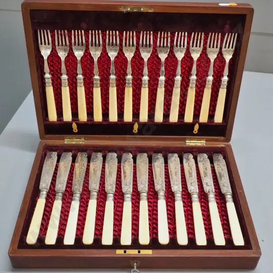 vintage wood-cased set bone-handled etched EPNS fish knives and forks