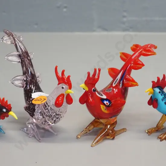 4 small multi-coloured glass roosters, larger is H-100 L-100