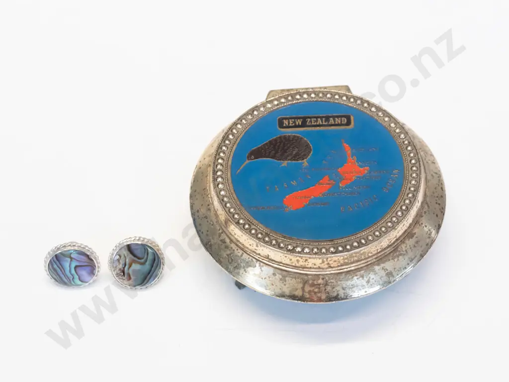 pair of silver paua shell earrings {screw on] & small trinket box with map of New Zealand & a kiwi Image 1++