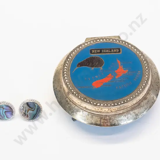 pair of silver paua shell earrings {screw on] & small trinket box with map of New Zealand & a kiwi