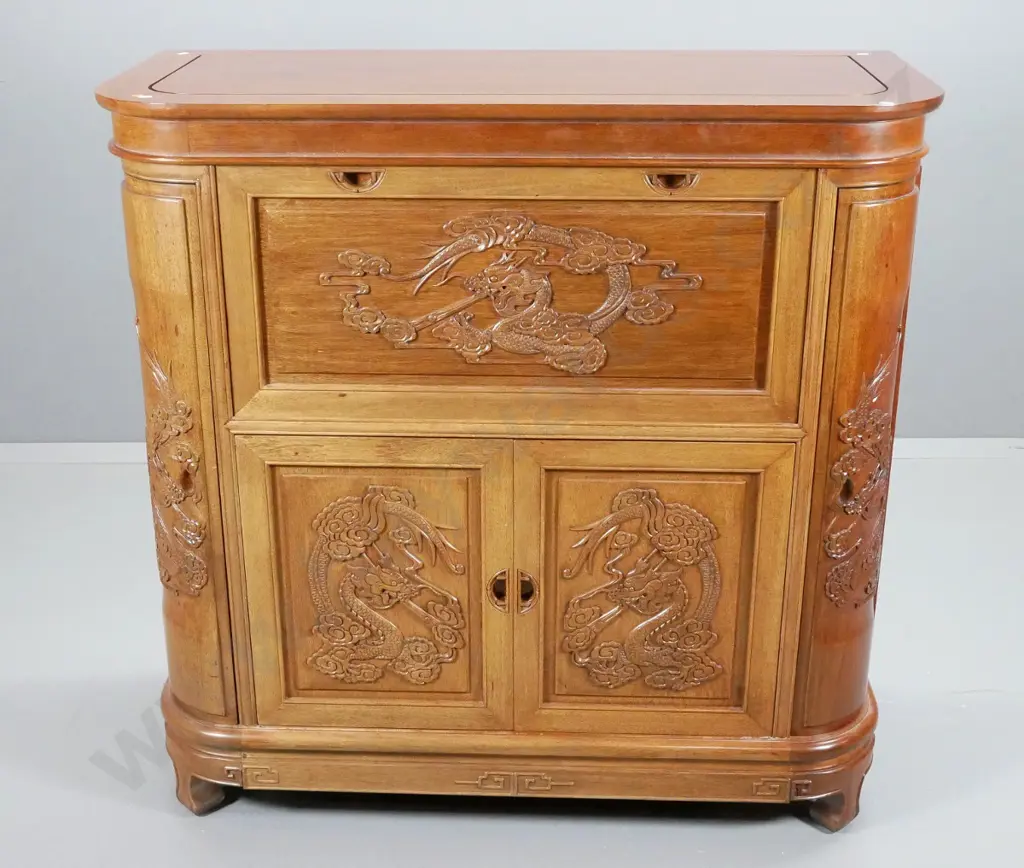 reproduction asian mahogany drinks cabinet w/ dragon motif carving, lift top, internal sliding bottle tray & drawer, Image 1++