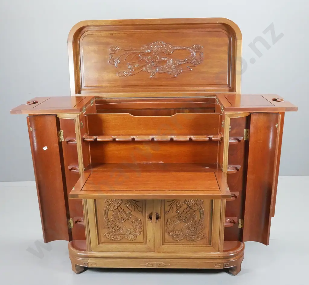 reproduction asian mahogany drinks cabinet w/ dragon motif carving, lift top, internal sliding bottle tray & drawer, Image 1++