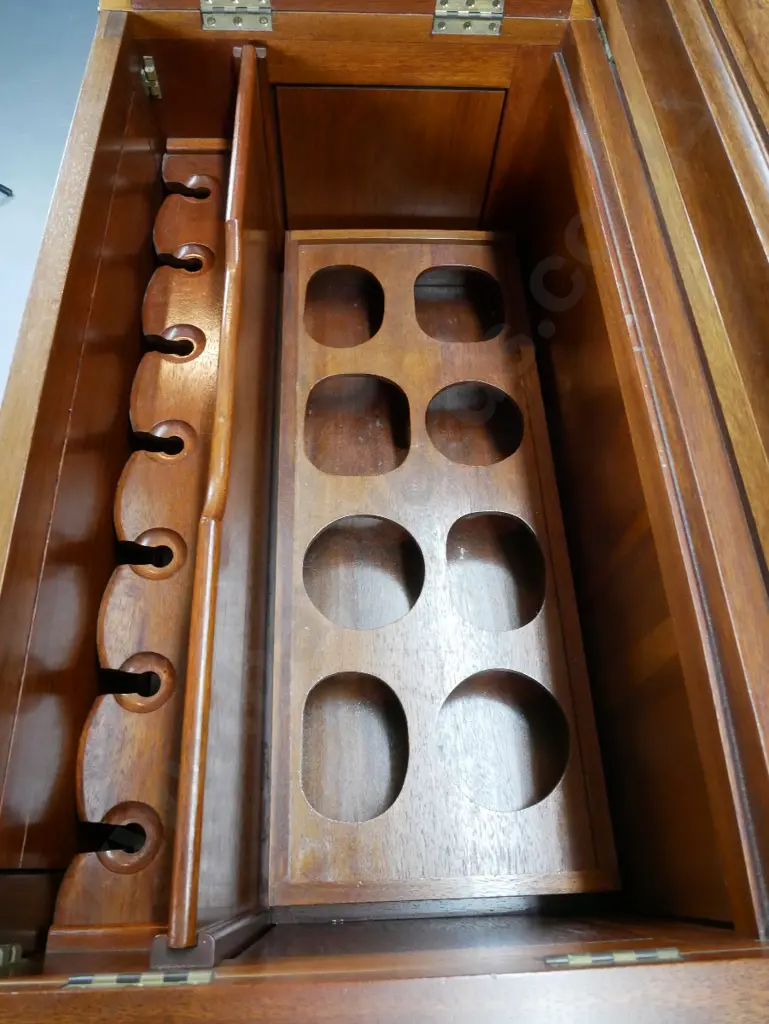 reproduction asian mahogany drinks cabinet w/ dragon motif carving, lift top, internal sliding bottle tray & drawer, Image 1++