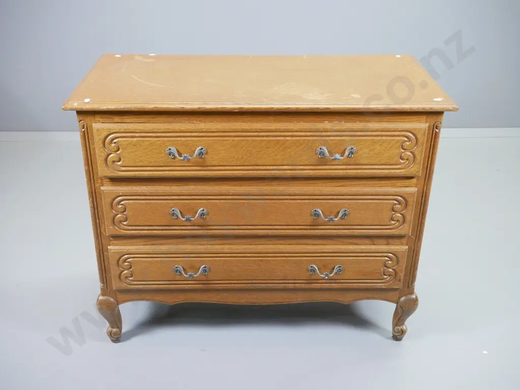 vintage French oak 3-drawer chest with carved detail, brass handles, polish needs attention H760 W940 D445 Image 1++