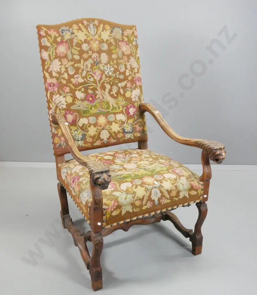 vintage French large occasional chair w/ lion's head arms, studded traditional tapestry fabric - fabric pulling away on Image 1++