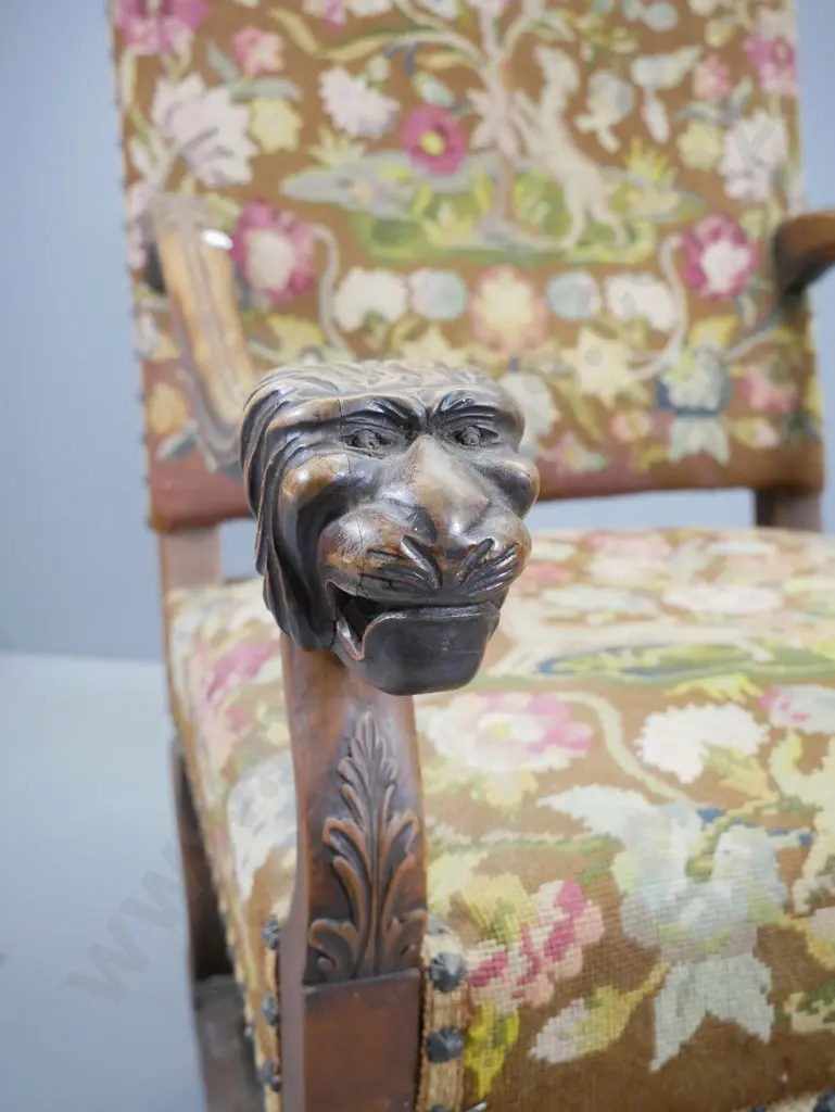 vintage French large occasional chair w/ lion's head arms, studded traditional tapestry fabric - fabric pulling away on Image 1++