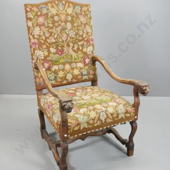 vintage French large occasional chair w/ lion's head arms, studded traditional tapestry fabric - fabric pulling away on