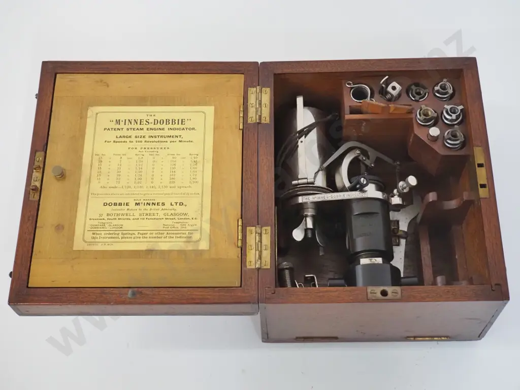 vintage Dobbie McInnes Ltd. steam engine indicator with accessories in fiitted timber case, with key H140 L240 W200 Image 1++