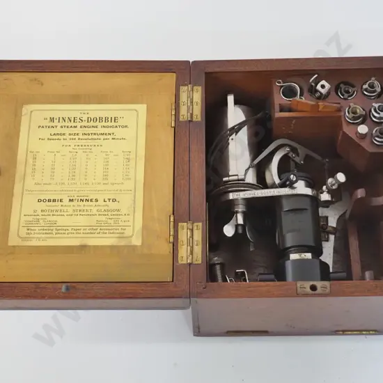 vintage Dobbie McInnes Ltd. steam engine indicator with accessories in fiitted timber case, with key H140 L240 W200