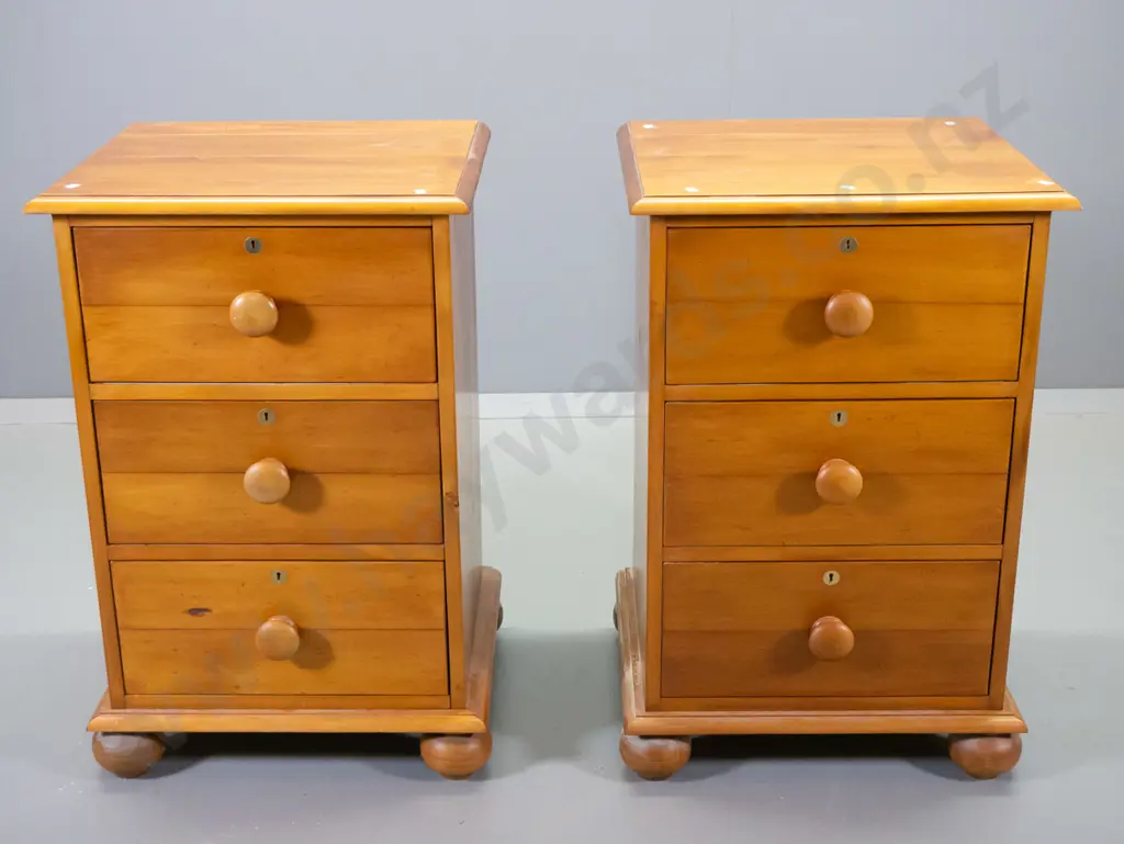 pair of kauri reproduction colonial style bedside cabinets, marked Willett's Oamaru - turned wood handles, ball feet Image 1++