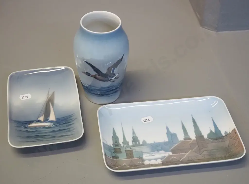 Royal Copenhagen duck vase H-140 & sailboat dish, one other Copenhagen city scene dish Image 1++