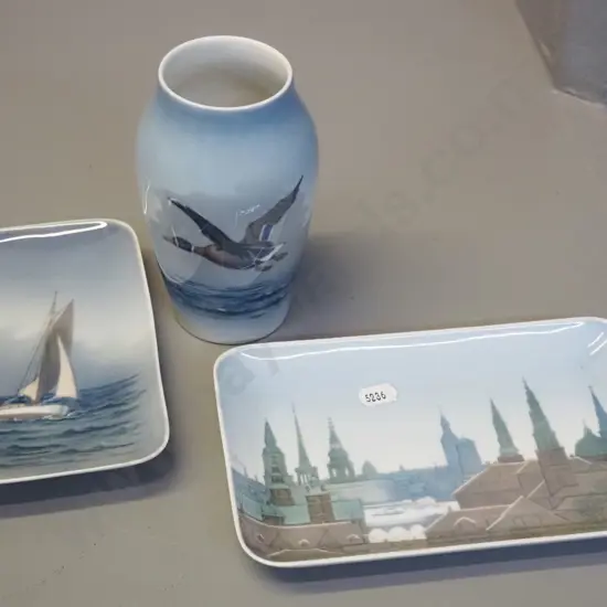 Royal Copenhagen duck vase H-140 & sailboat dish, one other Copenhagen city scene dish