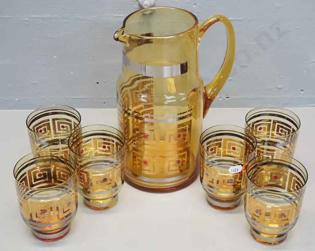 retro Bohemia glass water set - jug and 6 glasses in amber and gold Greek key motif -  jug is H-240 Image 1++
