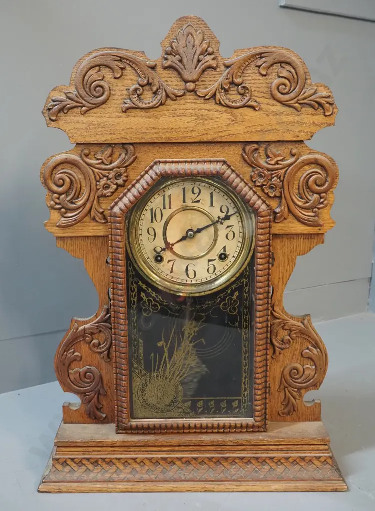 vintage mantel clock in heavily carved oak case, no maker's marks, discolouration to dial and brass bezel H585 W395 D125 Image 1++
