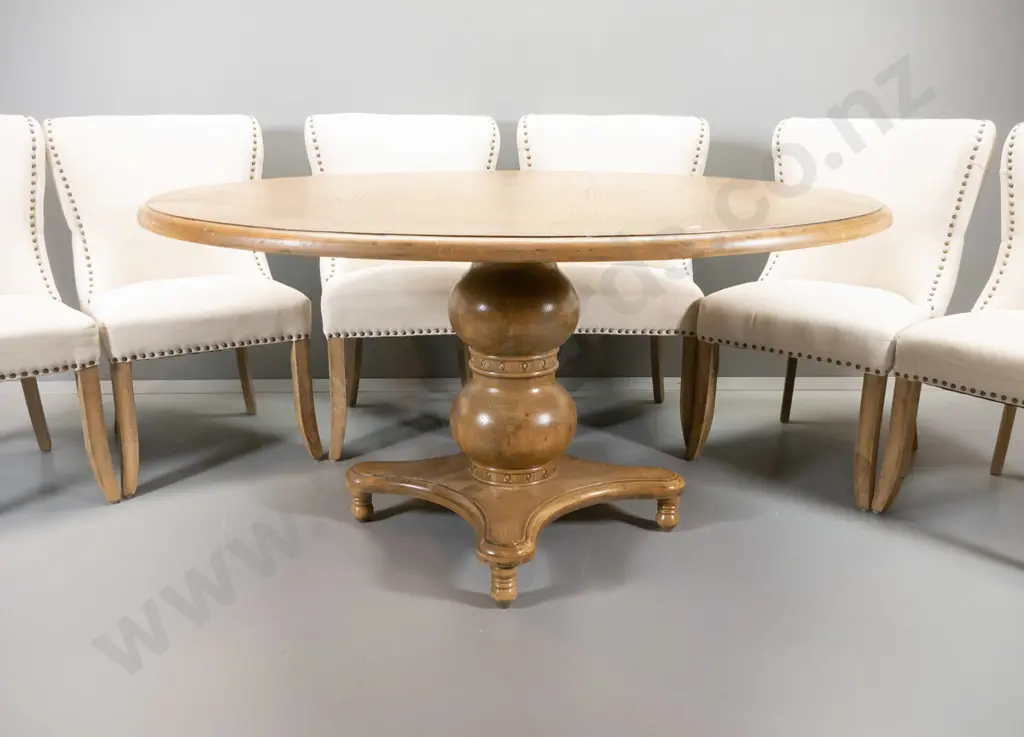 oak vintage-style round dining table with heavy pedestal base, 6 chairs with studded fabric, deep-button on backs. Image 1++
