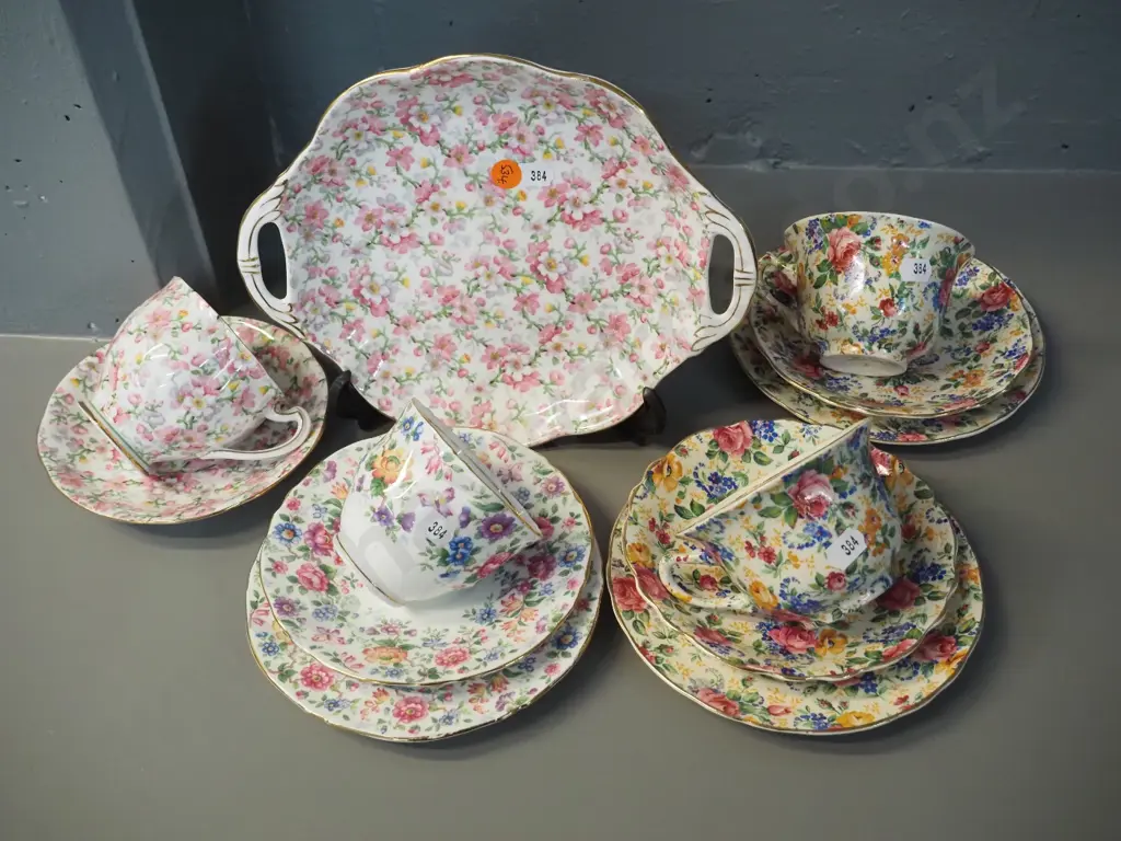 English all-over-floral china - 3 trios, Royal Standard cup, saucer & cake dish, 2 trios are James Kent Rosalind Image 1++