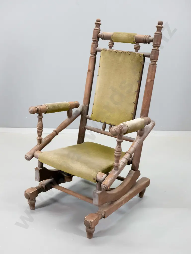 cotton-reel Dexter rocking chair - some fading to green velvet, finish needs attention H1050 W570 D600 Image 1++