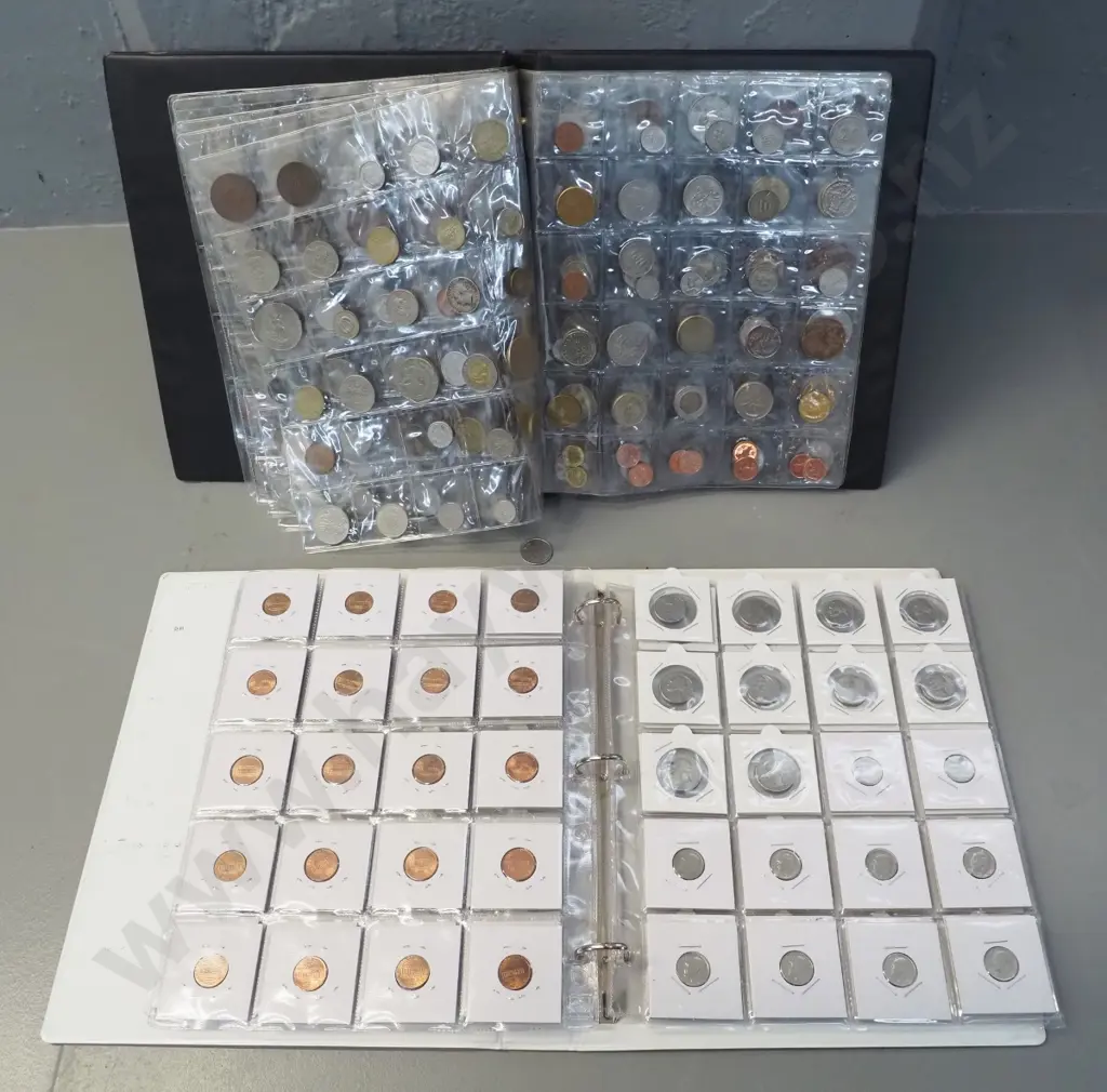 2 binders of assorted coins in sheets - Australian and English pennies, various USA & European Image 1++