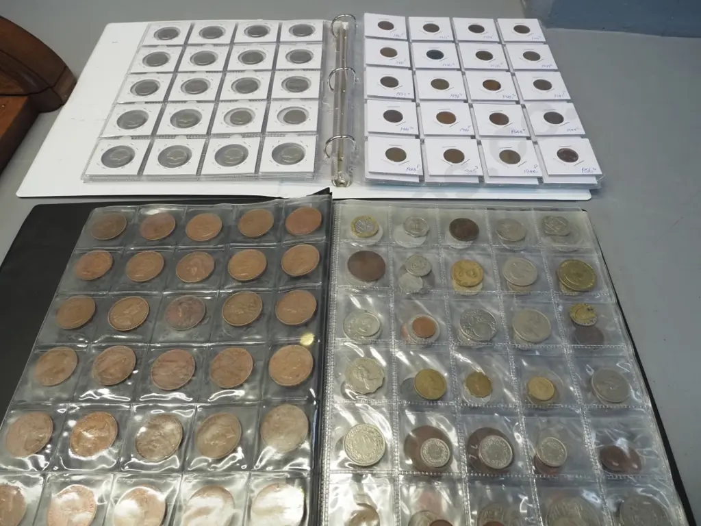 2 binders of assorted coins in sheets - Australian and English pennies, various USA & European Image 1++