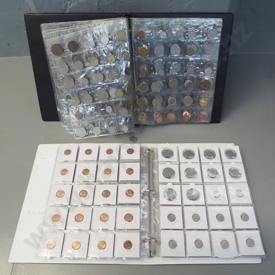 2 binders of assorted coins in sheets - Australian and English pennies, various USA & European