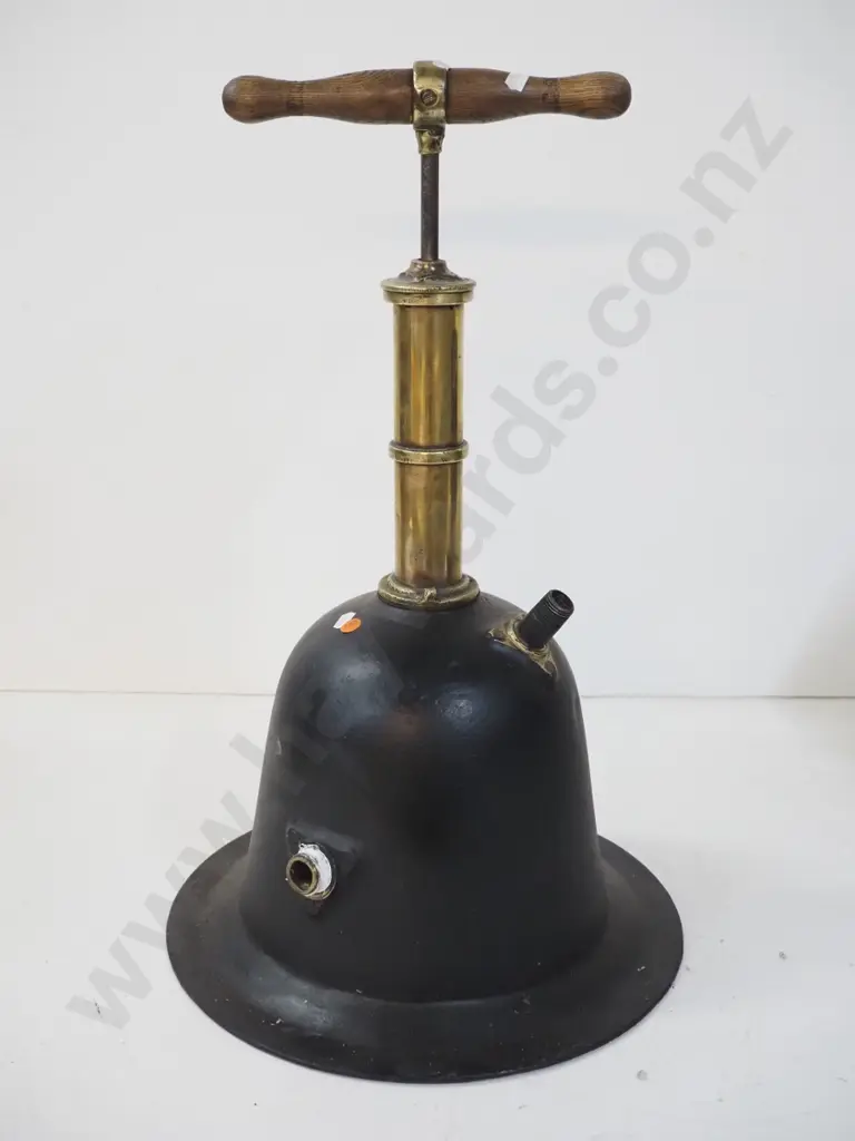 pump with bell-shaped cast iron base, brass fittings, timber handle H-600 D-350 at base Image 1++