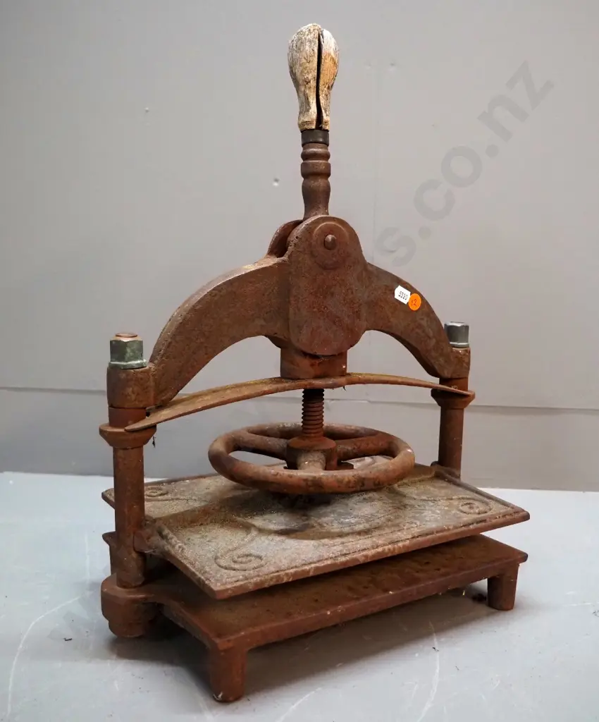 vintage small cast iron book press, maker marks for Patrick Richie Edinburgh - surface corrosion, wooden handle perished Image 1++