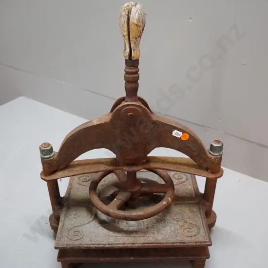 vintage small cast iron book press, maker marks for Patrick Richie Edinburgh - surface corrosion, wooden handle perished