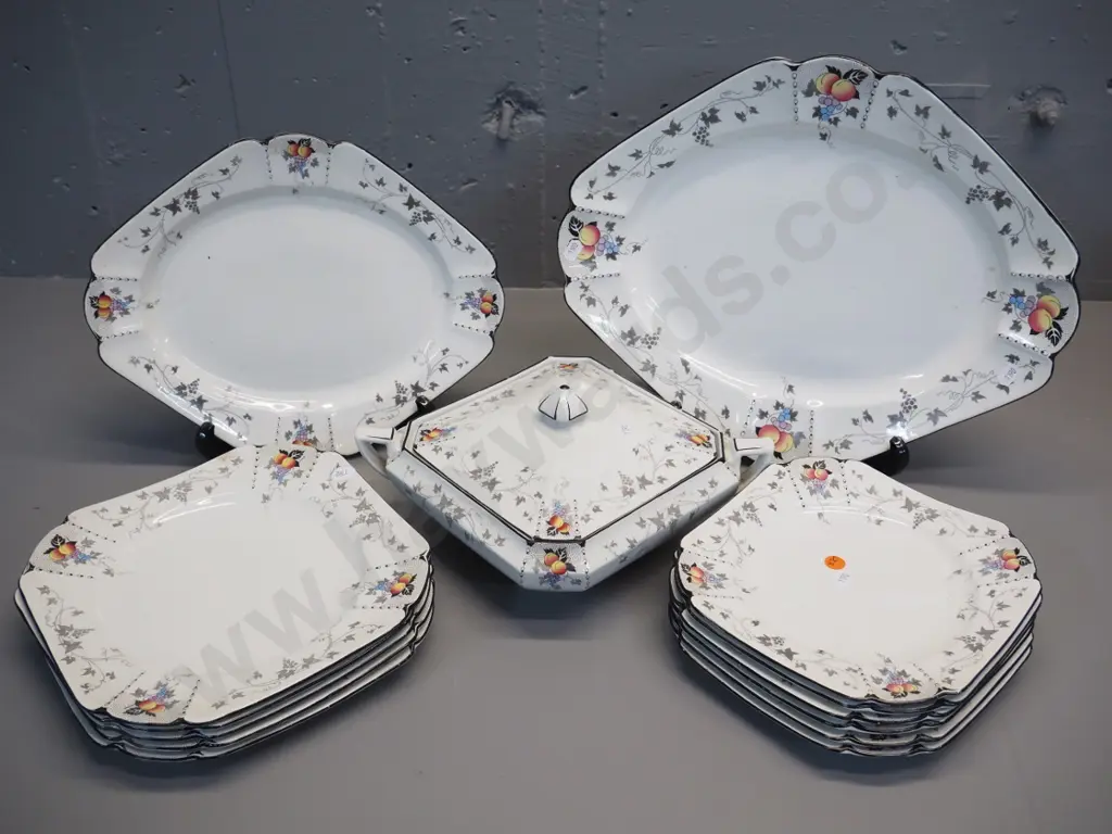 vintage Shelley tableware including 2 platters, covered serving dish, 11 plates in 2 sizes - some flecks to black trim Image 1++