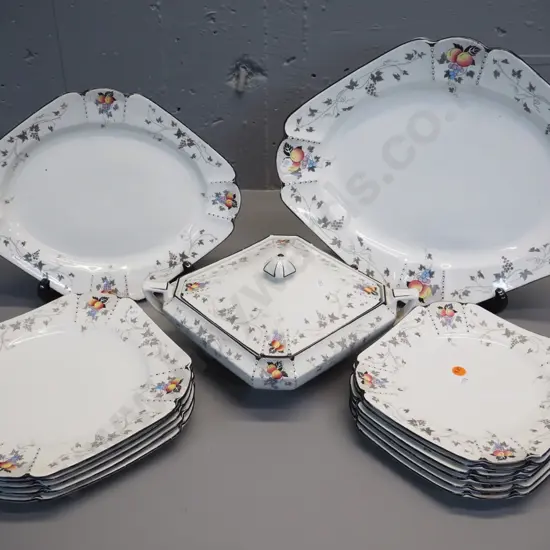 vintage Shelley tableware including 2 platters, covered serving dish, 11 plates in 2 sizes - some flecks to black trim