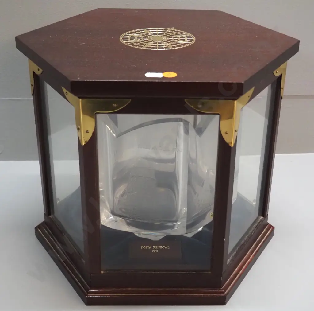 Kosta crystal famous sailing ship motif display bowl in hexagonal timber and glass display case with "1978 Shipbowl" Image 1++