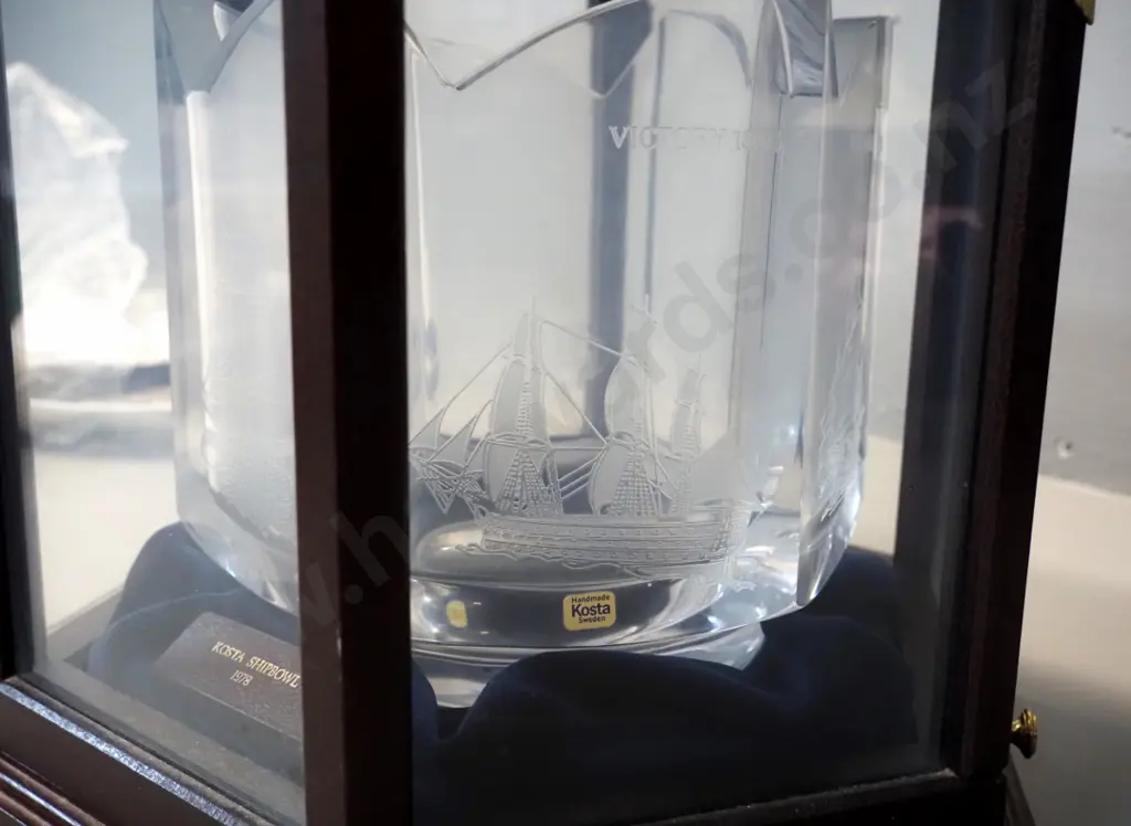 Kosta crystal famous sailing ship motif display bowl in hexagonal timber and glass display case with "1978 Shipbowl" Image 1++
