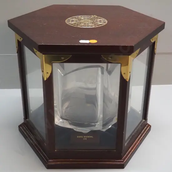 Kosta crystal famous sailing ship motif display bowl in hexagonal timber and glass display case with "1978 Shipbowl"